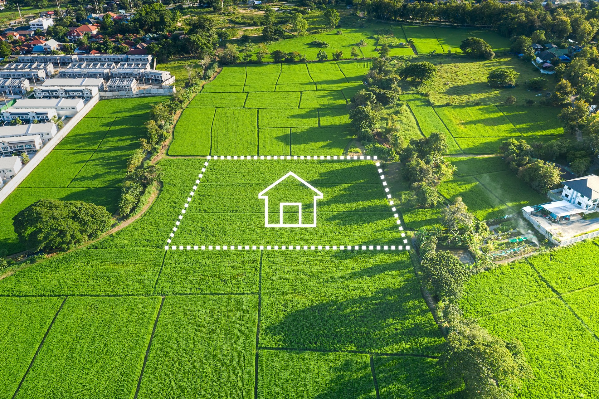 Land or landscape of green field in aerial view and home or house icon.